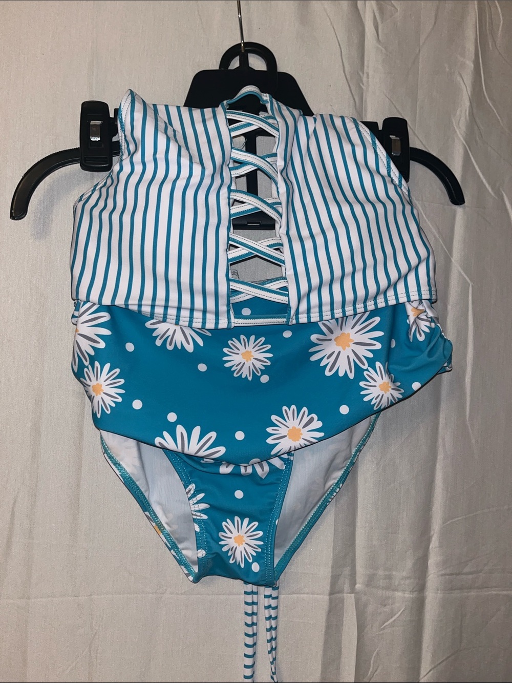 Girls Blue Daisy One-Piece Swimsuit with Striped Top